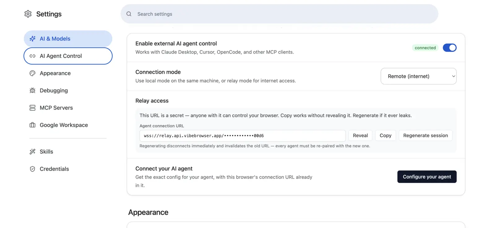 AI Agent Control in Vibe settings