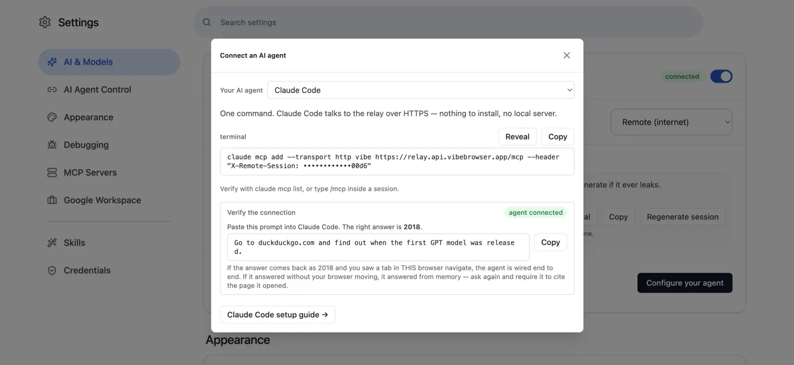 Claude Code configuration in the Connect an AI agent dialog